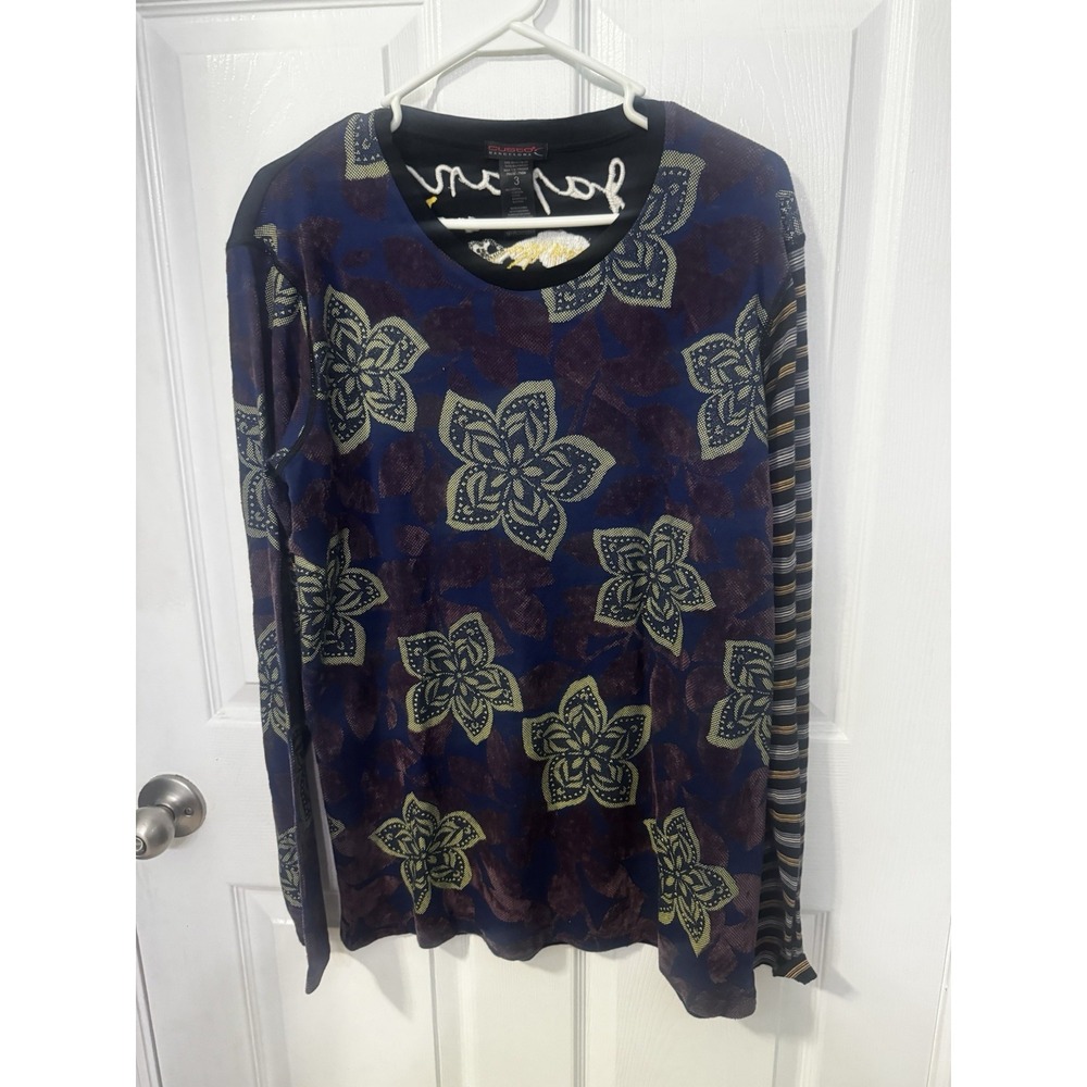 Vintage Custo Barcelona Japan Map Embroidered Floral Striped LS Shirt Sz 3 Women